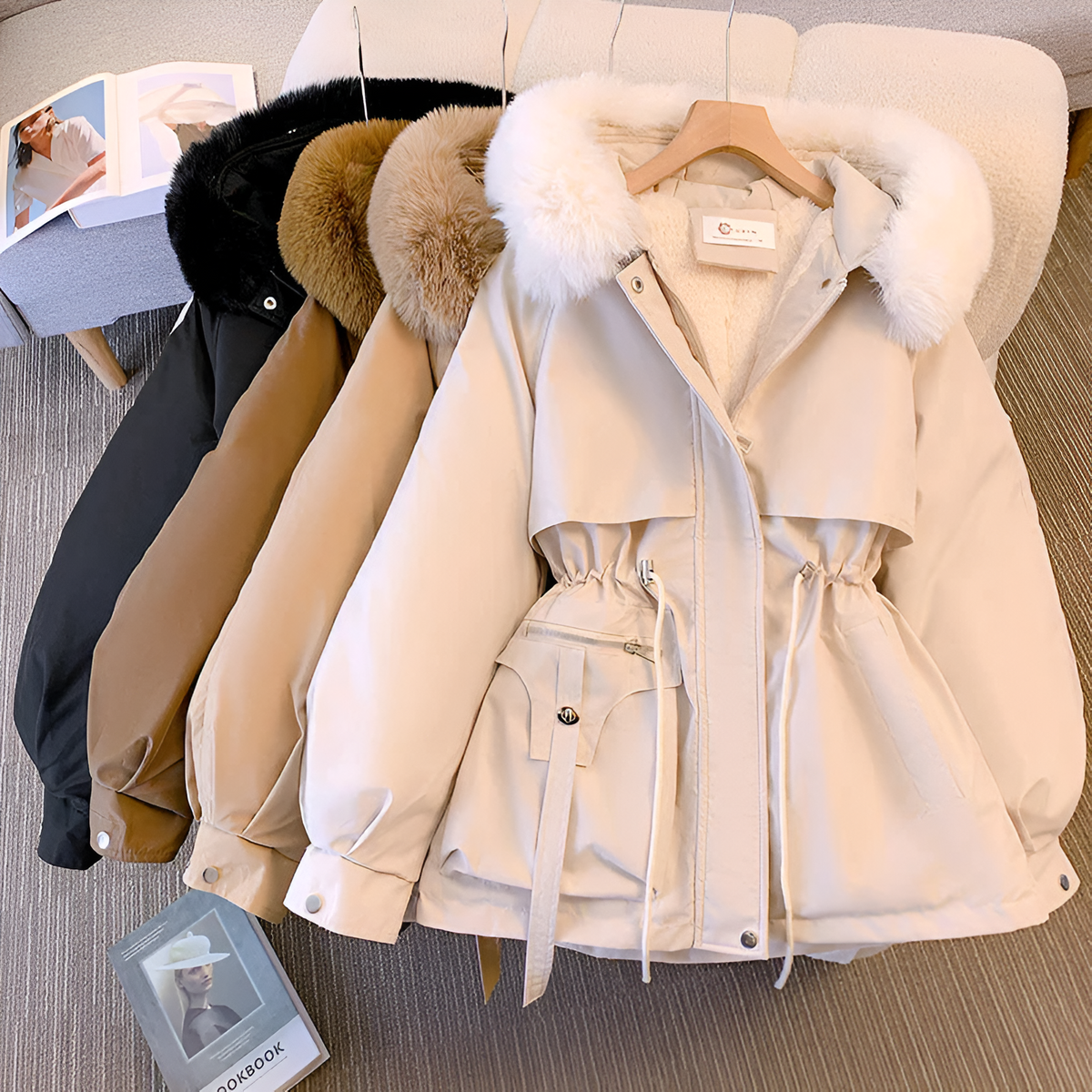 Women’s Short Quilted Jacket – Faux Fur Hooded Coat with Drawstring Waist