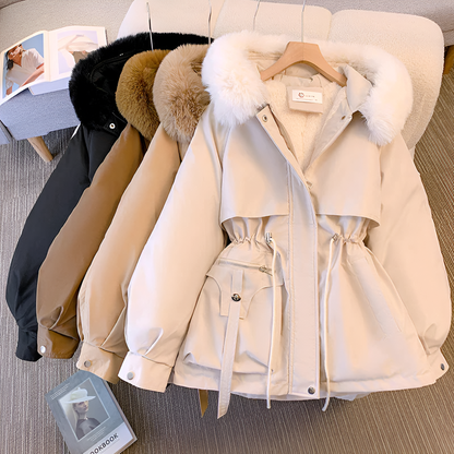 Women’s Short Quilted Jacket – Faux Fur Hooded Coat with Drawstring Waist