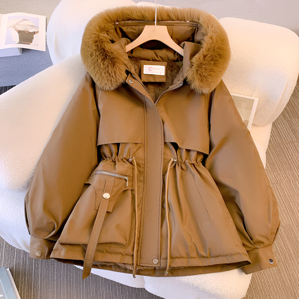 Women’s Short Quilted Jacket – Faux Fur Hooded Coat with Drawstring Waist