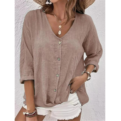 Women’s Relaxed Button-Front Blouse – V-Neck Three-Quarter Sleeve Top for Summer Days