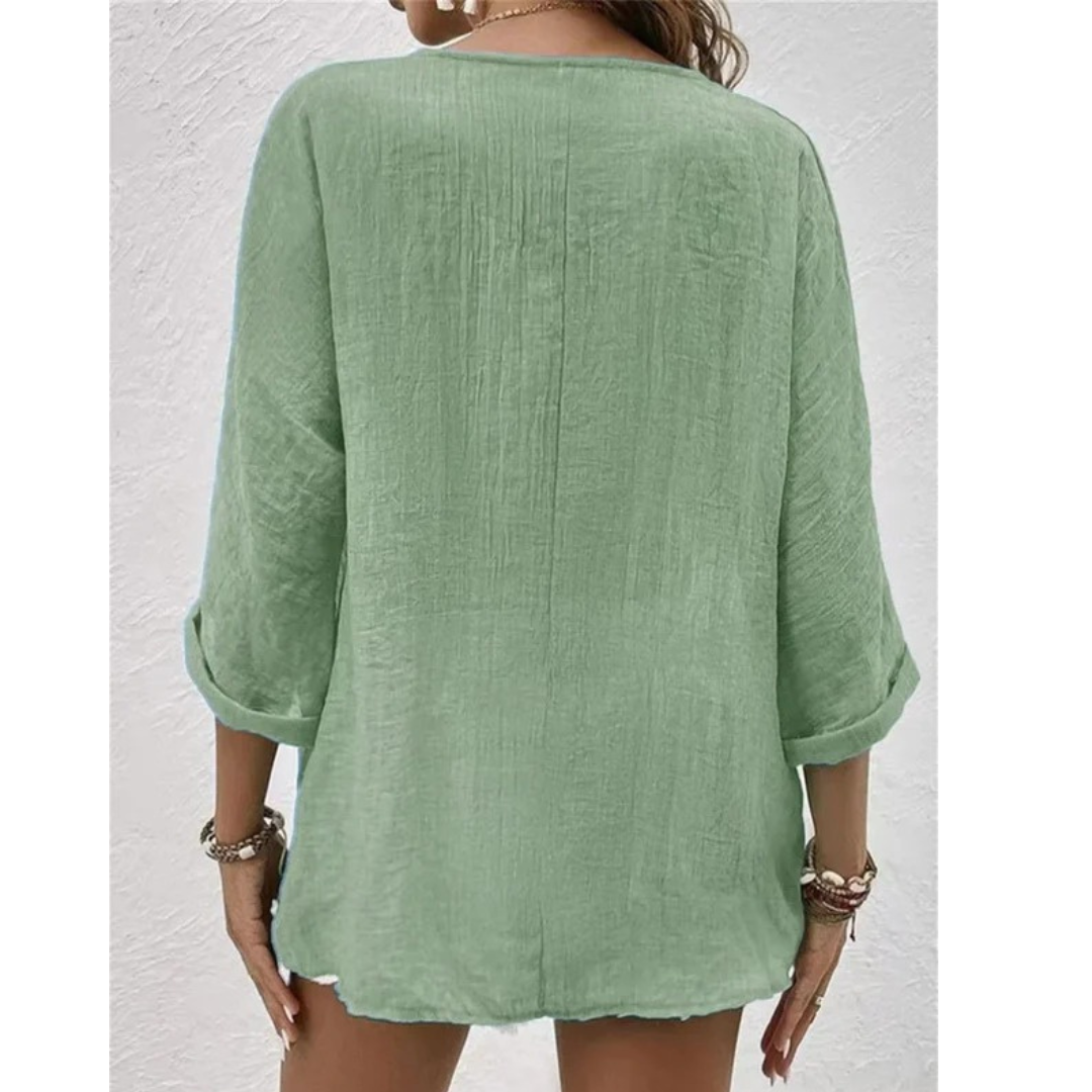 Women’s Relaxed Button-Front Blouse – V-Neck Three-Quarter Sleeve Top for Summer Days