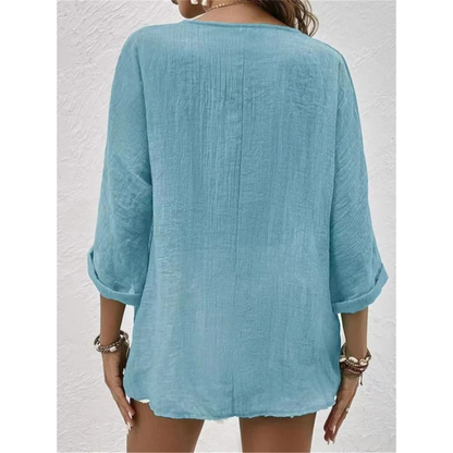 Women’s Relaxed Button-Front Blouse – V-Neck Three-Quarter Sleeve Top for Summer Days