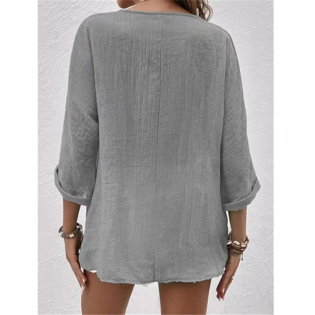 Women’s Relaxed Button-Front Blouse – V-Neck Three-Quarter Sleeve Top for Summer Days