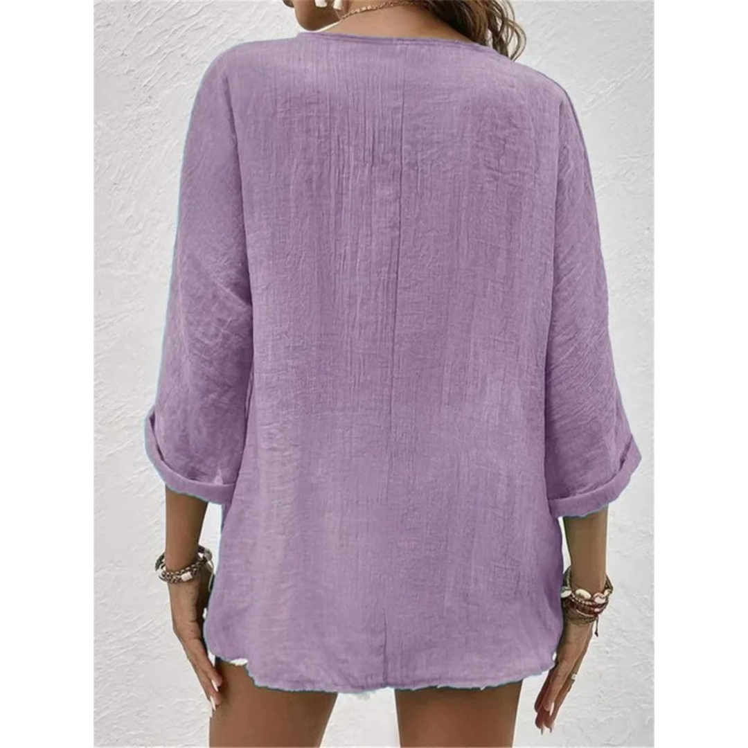 Women’s Relaxed Button-Front Blouse – V-Neck Three-Quarter Sleeve Top for Summer Days