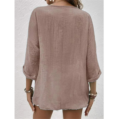 Women’s Relaxed Button-Front Blouse – V-Neck Three-Quarter Sleeve Top for Summer Days
