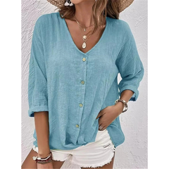 Women’s Relaxed Button-Front Blouse – V-Neck Three-Quarter Sleeve Top for Summer Days