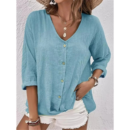 Women’s Relaxed Button-Front Blouse – V-Neck Three-Quarter Sleeve Top for Summer Days