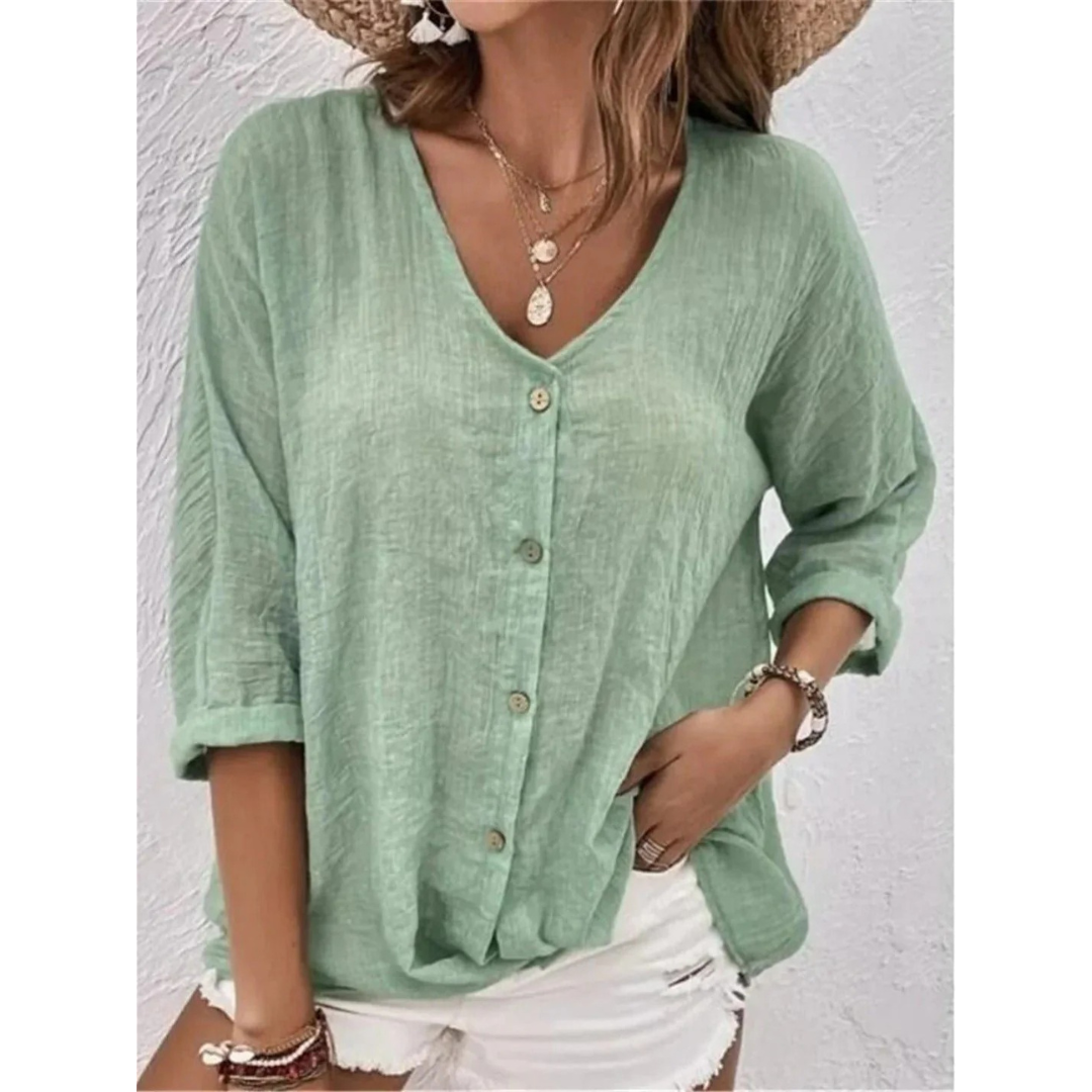 Women’s Relaxed Button-Front Blouse – V-Neck Three-Quarter Sleeve Top for Summer Days