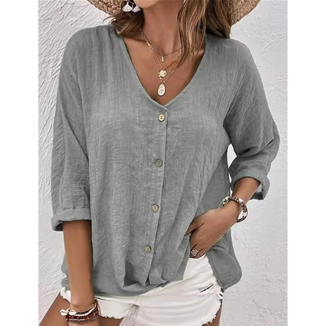 Women’s Relaxed Button-Front Blouse – V-Neck Three-Quarter Sleeve Top for Summer Days
