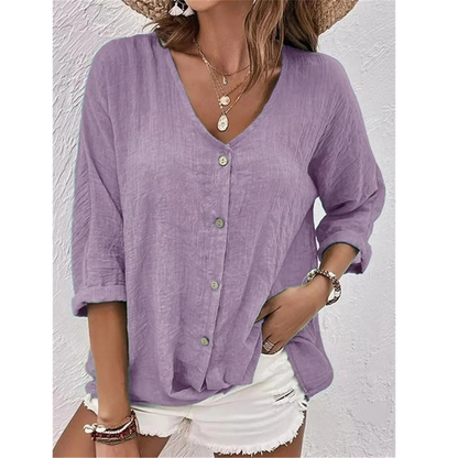 Women’s Relaxed Button-Front Blouse – V-Neck Three-Quarter Sleeve Top for Summer Days