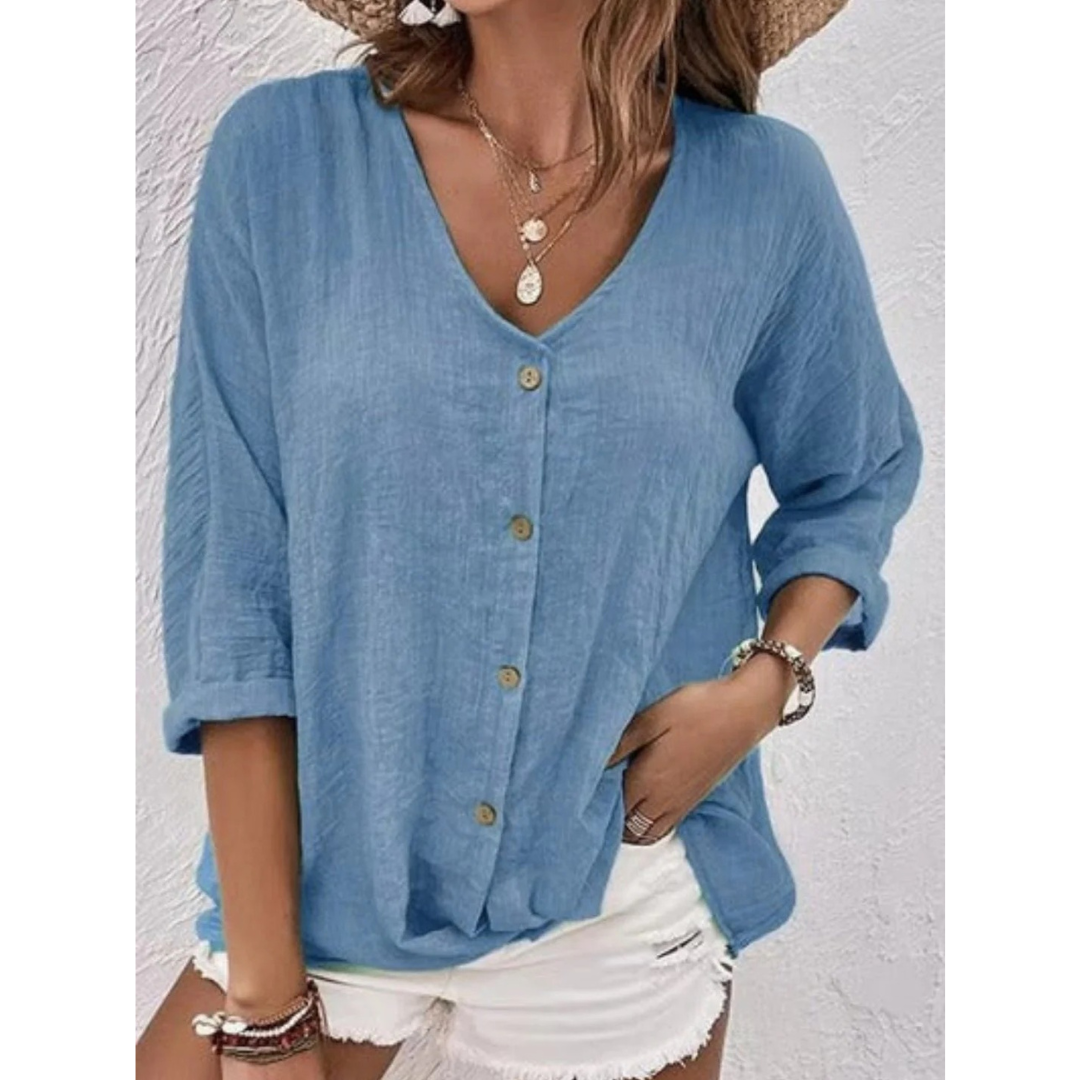Women’s Relaxed Button-Front Blouse – V-Neck Three-Quarter Sleeve Top for Summer Days