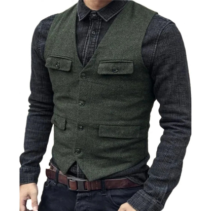 Men’s V-Neck Traditional Waistcoat – Multi-Pocket Heritage Layer for Festivals and Smart Casual Wear