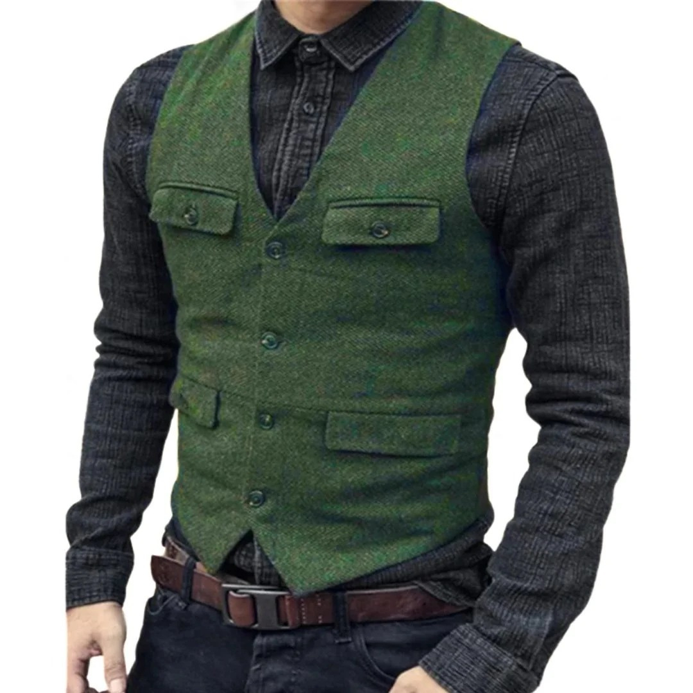 Men’s V-Neck Traditional Waistcoat – Multi-Pocket Heritage Layer for Festivals and Smart Casual Wear