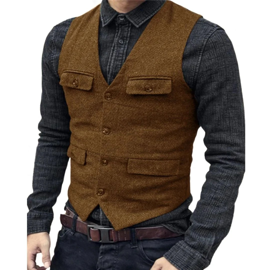 Men’s V-Neck Traditional Waistcoat – Multi-Pocket Heritage Layer for Festivals and Smart Casual Wear