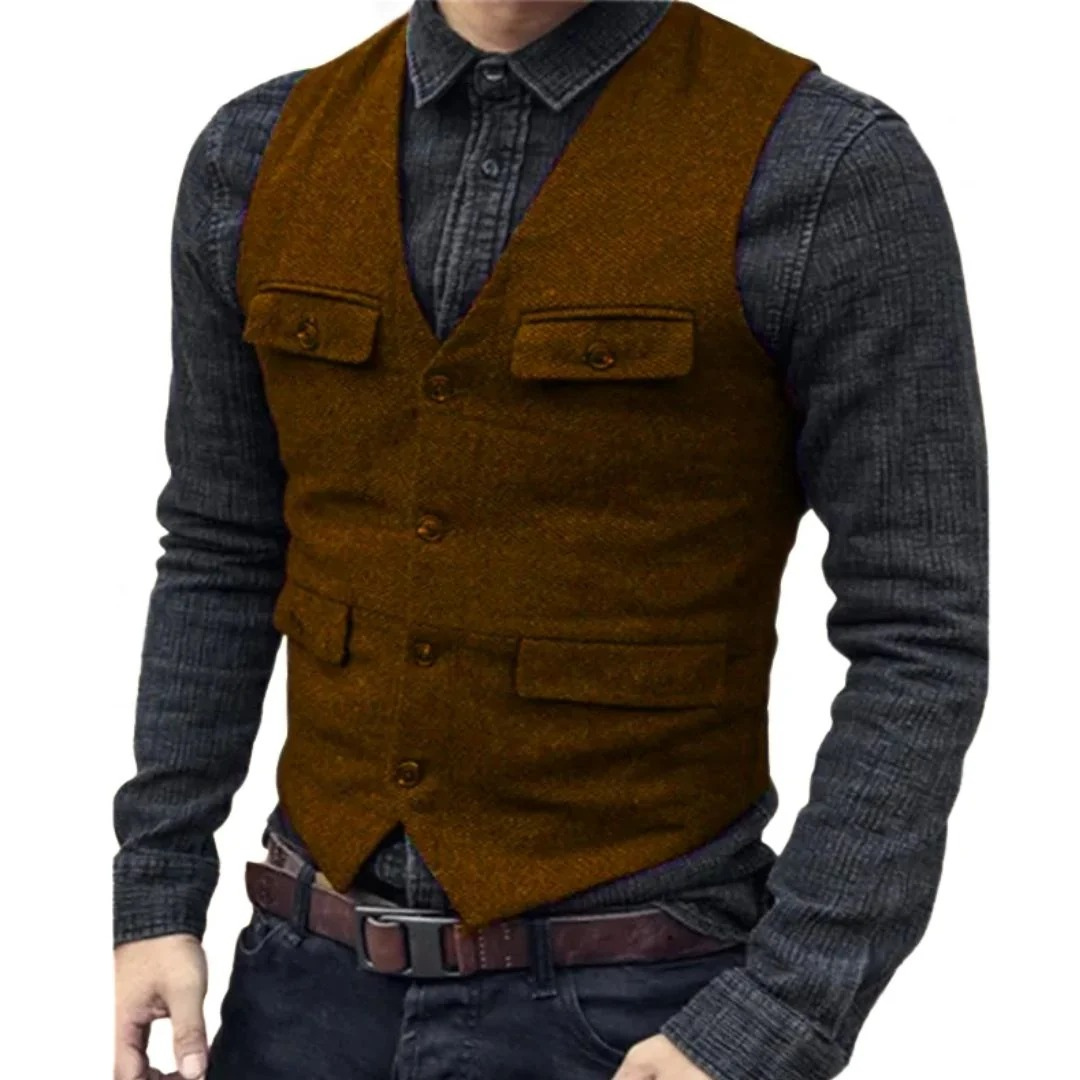Men’s V-Neck Traditional Waistcoat – Multi-Pocket Heritage Layer for Festivals and Smart Casual Wear