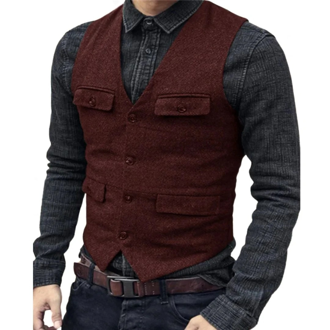 Men’s V-Neck Traditional Waistcoat – Multi-Pocket Heritage Layer for Festivals and Smart Casual Wear