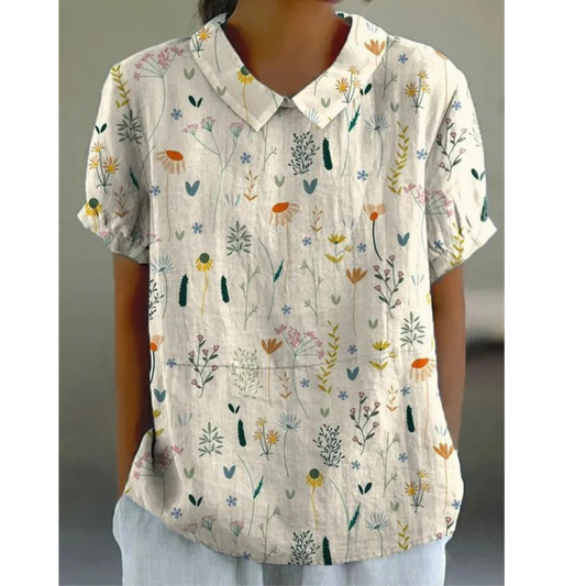 Women’s Botanical Print Blouse – Relaxed Short-Sleeve Top for Spring and Summer Wear