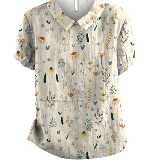 Women’s Botanical Print Blouse – Relaxed Short-Sleeve Top for Spring and Summer Wear