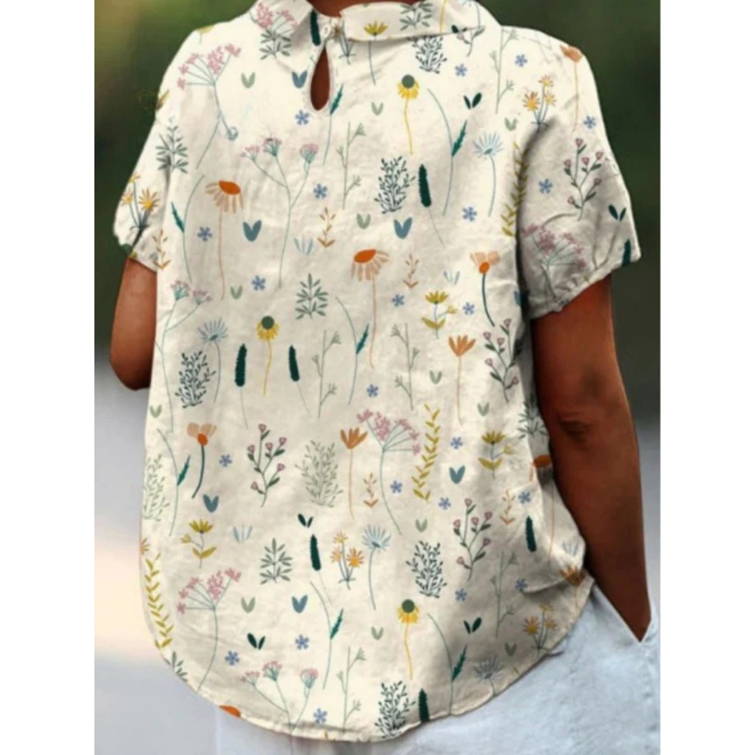 Women’s Botanical Print Blouse – Relaxed Short-Sleeve Top for Spring and Summer Wear