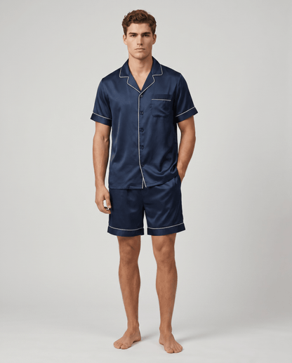 Men’s Patterned Satin Pyjama Set – Short-Sleeve Button-Up Sleep Shirt and Matching Shorts