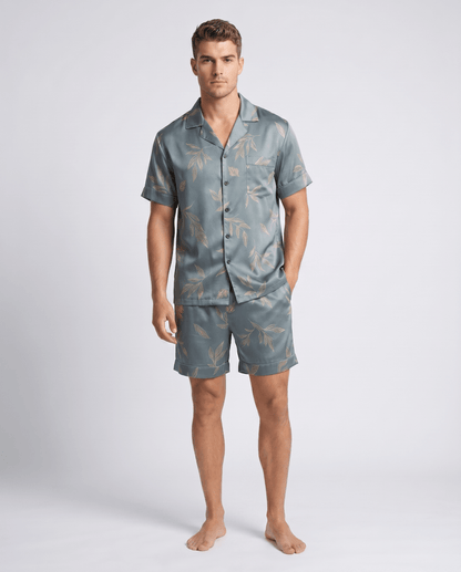 Men’s Patterned Satin Pyjama Set – Short-Sleeve Button-Up Sleep Shirt and Matching Shorts