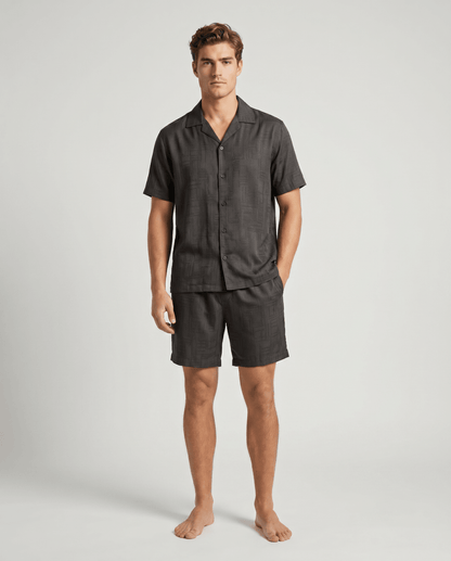 Men’s Patterned Satin Pyjama Set – Short-Sleeve Button-Up Sleep Shirt and Matching Shorts