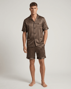 Men’s Patterned Satin Pyjama Set – Short-Sleeve Button-Up Sleep Shirt and Matching Shorts