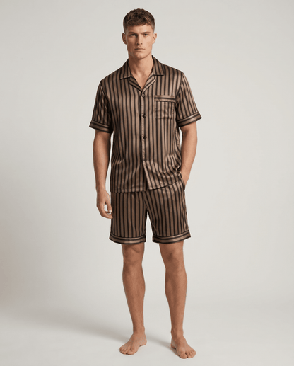 Men’s Patterned Satin Pyjama Set – Short-Sleeve Button-Up Sleep Shirt and Matching Shorts