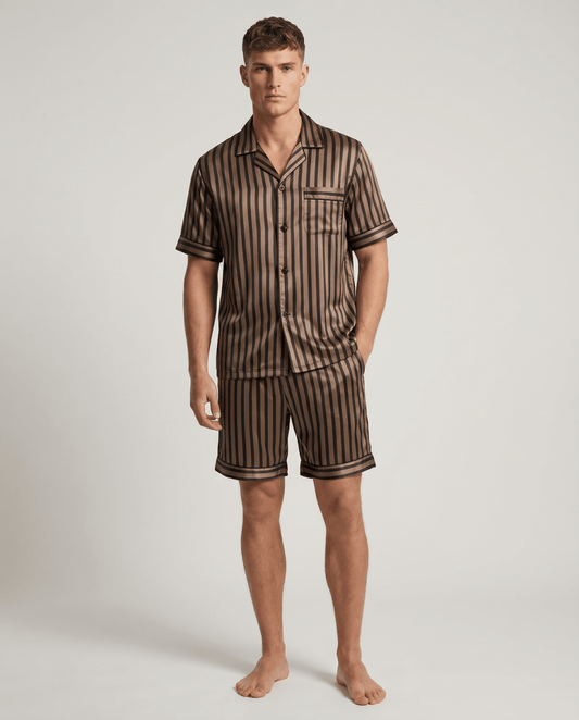 Men’s Patterned Satin Pyjama Set – Short-Sleeve Button-Up Sleep Shirt and Matching Shorts