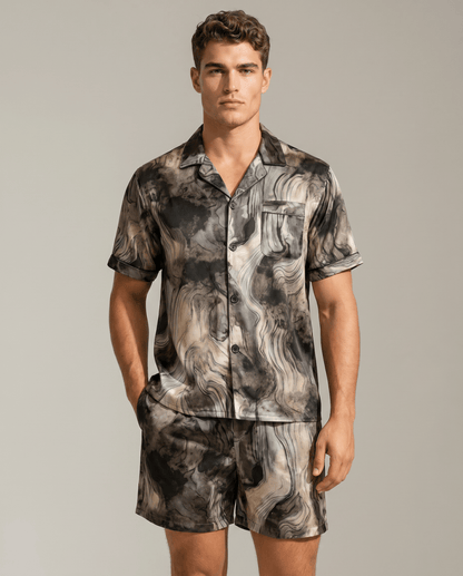 Men’s Patterned Satin Pyjama Set – Short-Sleeve Button-Up Sleep Shirt and Matching Shorts