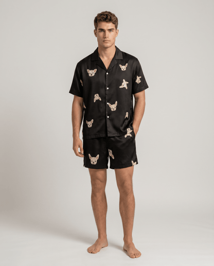 Men’s Patterned Satin Pyjama Set – Short-Sleeve Button-Up Sleep Shirt and Matching Shorts