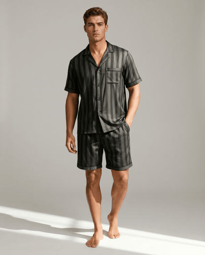 Men’s Patterned Satin Pyjama Set – Short-Sleeve Button-Up Sleep Shirt and Matching Shorts