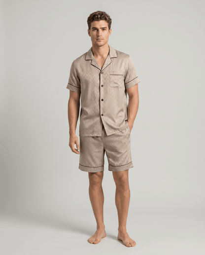Men’s Patterned Satin Pyjama Set – Short-Sleeve Button-Up Sleep Shirt and Matching Shorts
