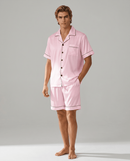 Men’s Short-Sleeve Pyjama Set – Button-Up Sleep Shirt and Matching Shorts with Contrast Piping