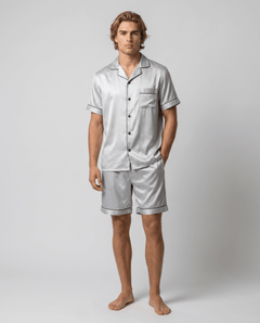Men’s Short-Sleeve Pyjama Set – Button-Up Sleep Shirt and Matching Shorts with Contrast Piping