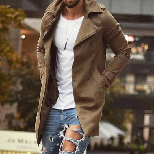 Men’s Slim-Fit Mid-Length Trench Coat – Structured Wide-Lapel Layer for Smart Casual Everyday Wear
