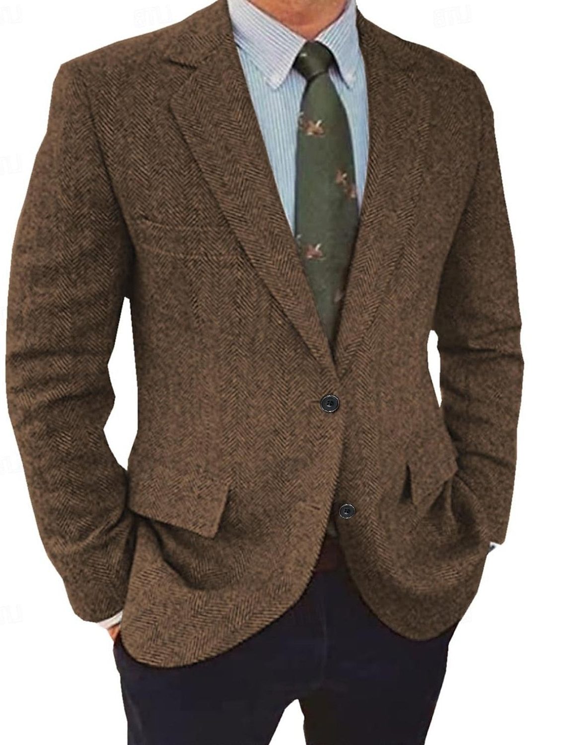 Men’s Herringbone Blazer – Regular-Fit Button-Front Jacket with Notch Lapels for Smart Formal Wear