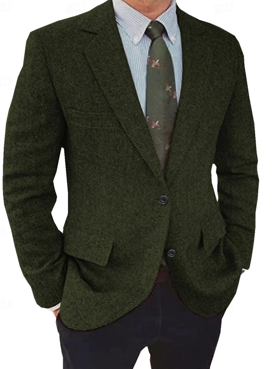 Men’s Herringbone Blazer – Regular-Fit Button-Front Jacket with Notch Lapels for Smart Formal Wear