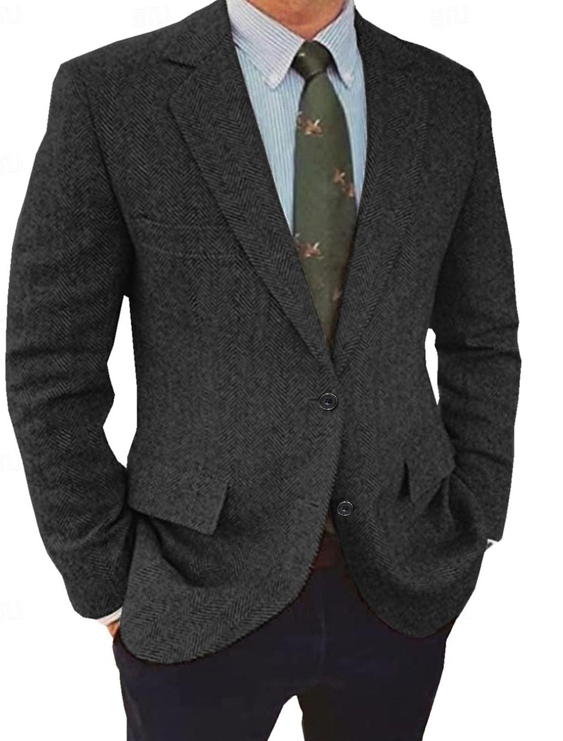 Men’s Herringbone Blazer – Regular-Fit Button-Front Jacket with Notch Lapels for Smart Formal Wear