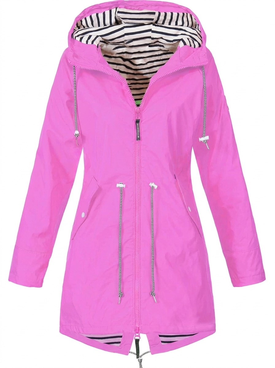 Women’s Long Raincoat – Hooded Mac with Drawstring Waist