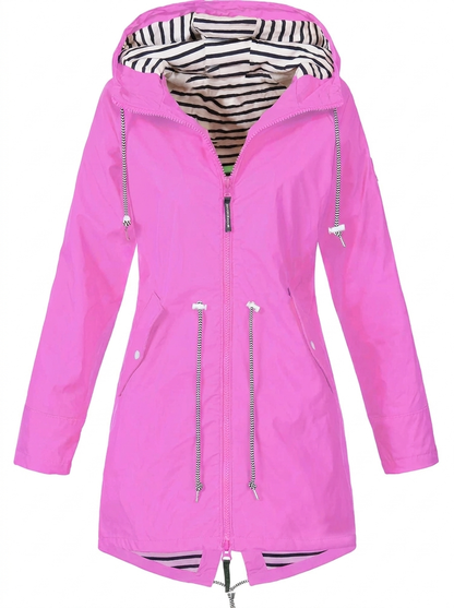 Women’s Long Raincoat – Hooded Mac with Drawstring Waist