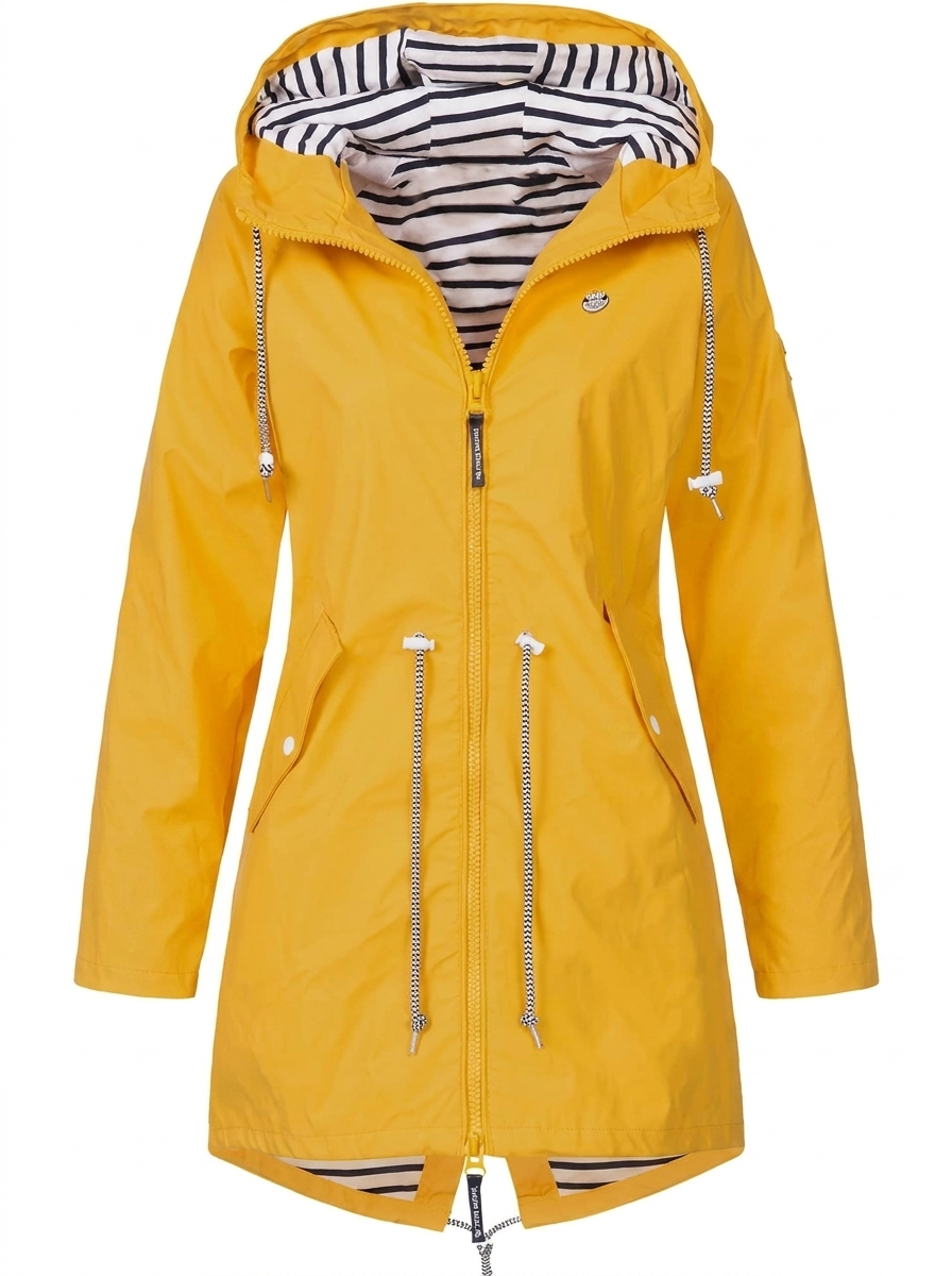 Women’s Long Raincoat – Hooded Mac with Drawstring Waist