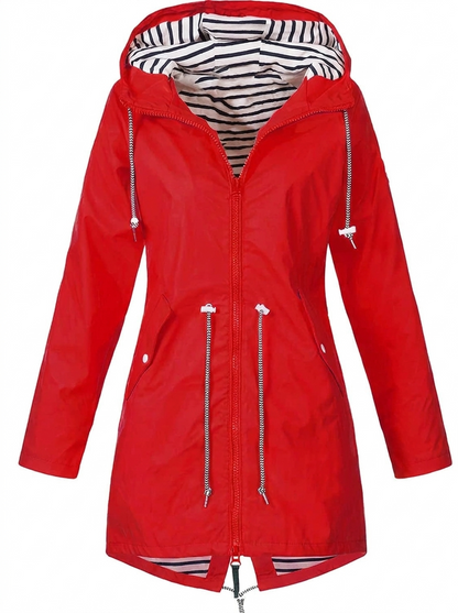 Women’s Long Raincoat – Hooded Mac with Drawstring Waist