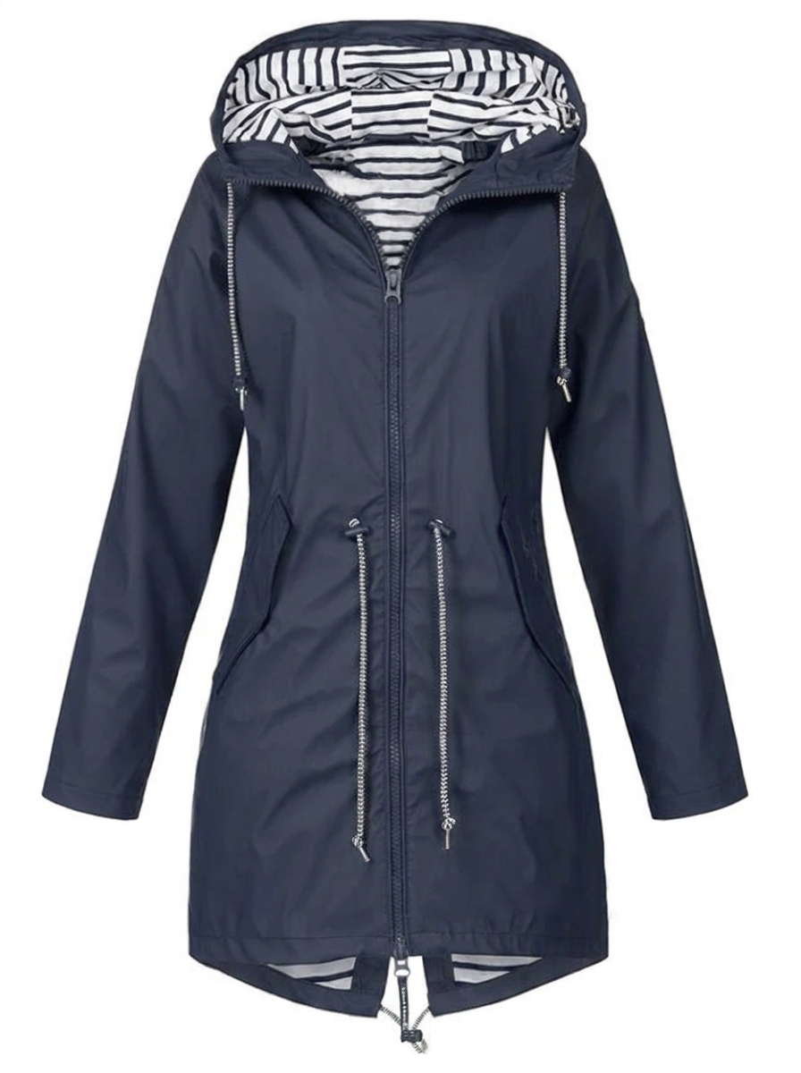 Women’s Long Raincoat – Hooded Mac with Drawstring Waist