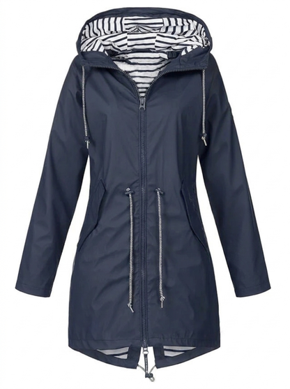 Women’s Long Raincoat – Hooded Mac with Drawstring Waist