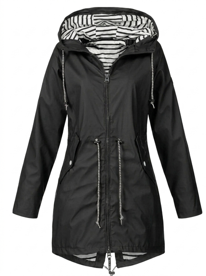 Women’s Long Raincoat – Hooded Mac with Drawstring Waist
