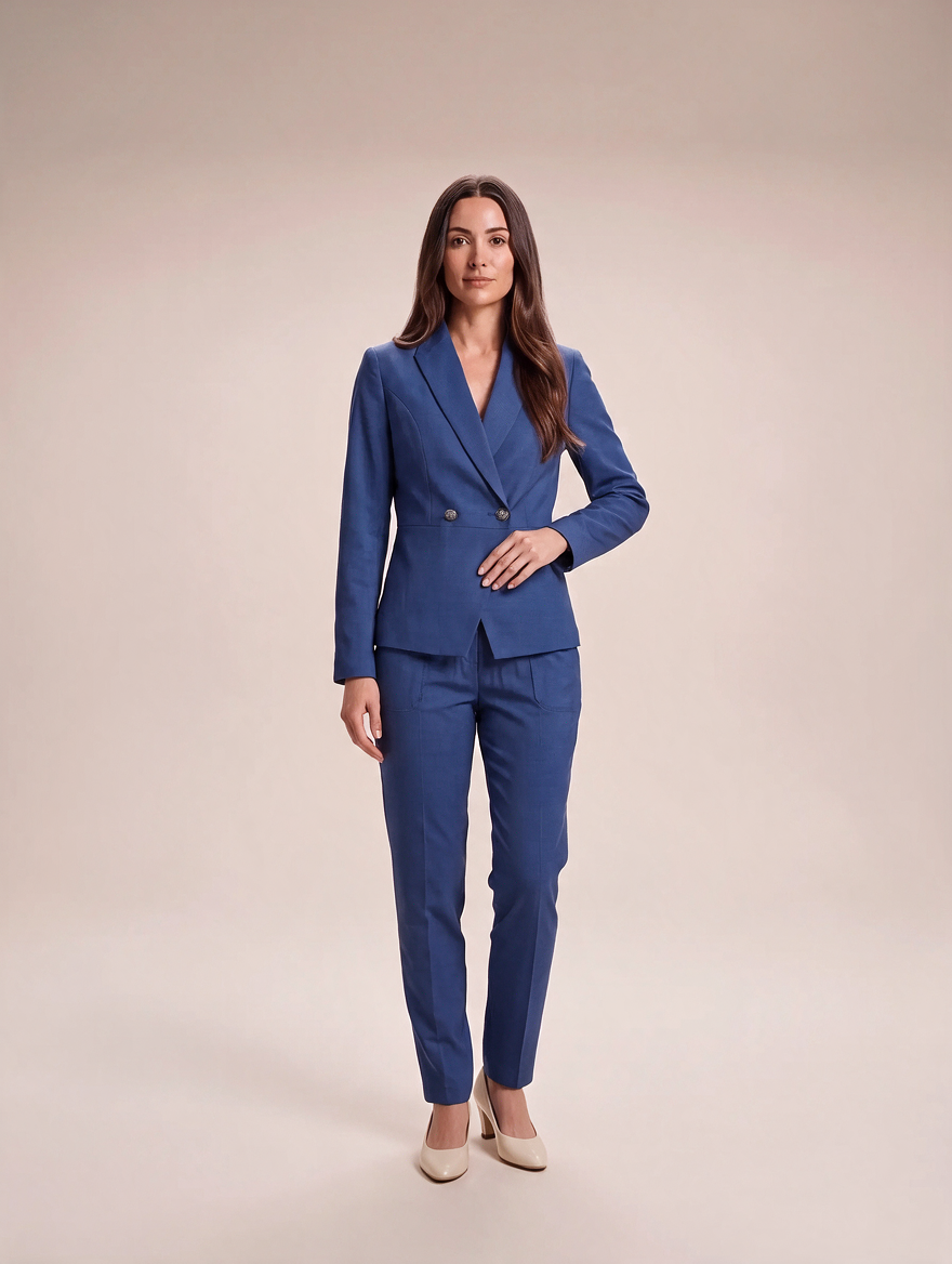 Women’s Tailored Trouser Suit – Double-Breasted Fitted Blazer with Straight-Leg Trousers for Office and Evening Wear
