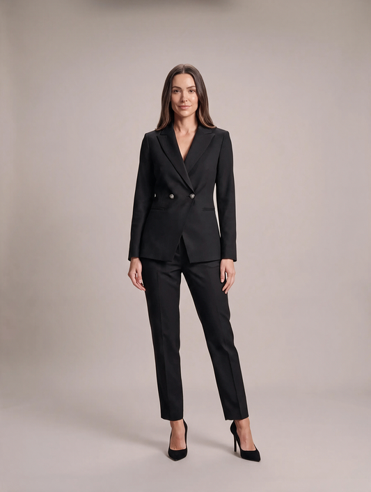 Women’s Tailored Trouser Suit – Double-Breasted Fitted Blazer with Straight-Leg Trousers for Office and Evening Wear