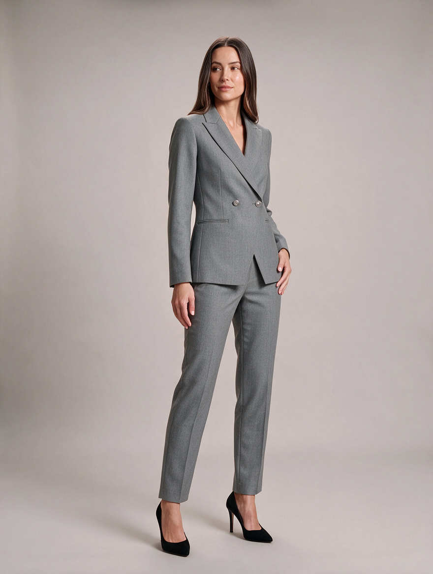 Women’s Tailored Trouser Suit – Double-Breasted Fitted Blazer with Straight-Leg Trousers for Office and Evening Wear