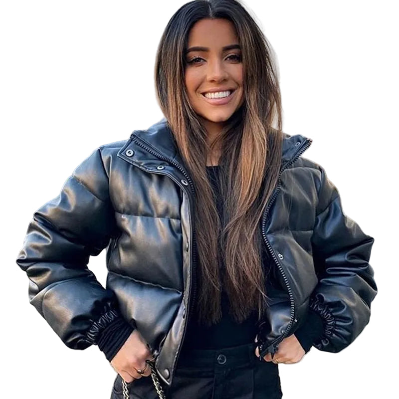 Women’s Faux Leather Puffer Jacket – Cropped Quilted Layer for Contemporary Winter Styling